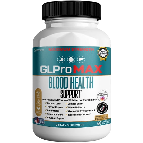 GreenVify GLPro Max Blood Health Support Supplement for Healthy Blood Sugar Levels with Banaba, Cinnamon, Bitter Melon & Chromium, 60 Count (1 Bottle)
