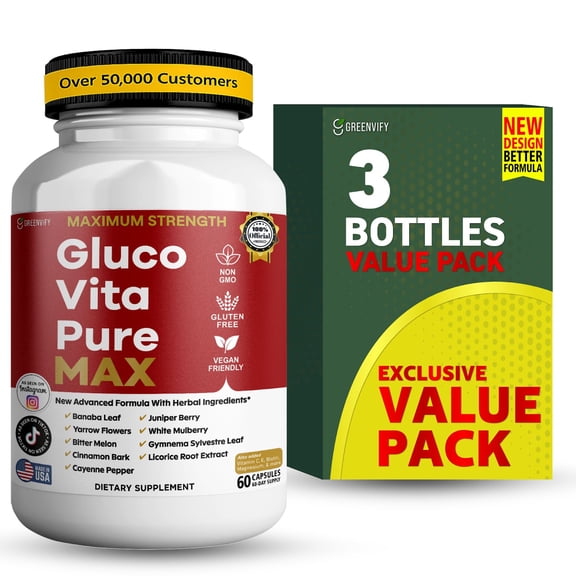 GreenVify Glucovita Pure Max Glucose Metabolism Support Supplement with Chromium, Cinnamon & Bitter Melon, 60 Capsules (3 Pack)