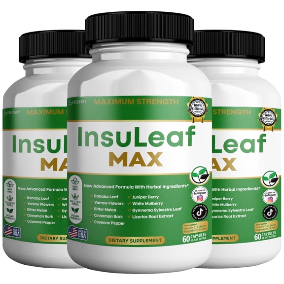 GreenVify InsuLeaf Max Glucose Metabolism Support Supplement with Chromium, Cinnamon & Bitter Melon, 60 Capsules (3 Pack)