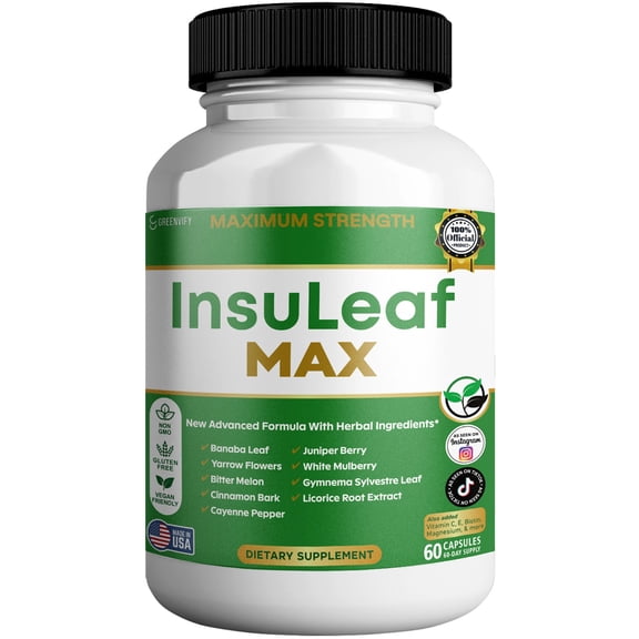 GreenVify InsuLeaf Max Glucose Metabolism Support Supplement with Chromium, Cinnamon & Bitter Melon, 60 Capsules