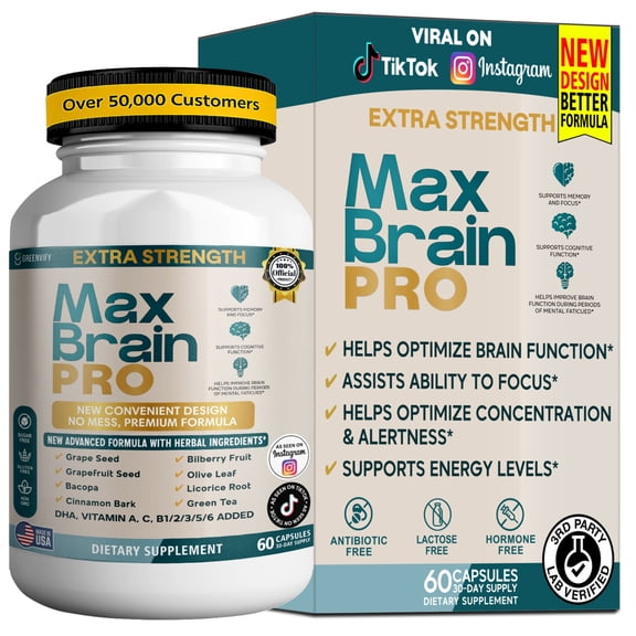 GreenVify Max Brain Pro Dietary Supplement Capsules Cognitive Health Nutritional Supplement for Adults Easy-to-Swallow Capsules
