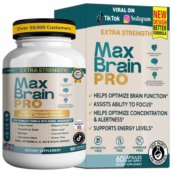 GreenVify Max Brain Pro Dietary Supplement Capsules Cognitive Health Nutritional Supplement for Adults Easy-to-Swallow Capsules