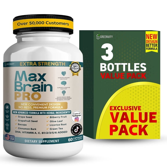 GreenVify Max Brain Pro Dietary Supplement Capsules Cognitive Health Nutritional Supplement for Adults Easy-to-Swallow Capsules
