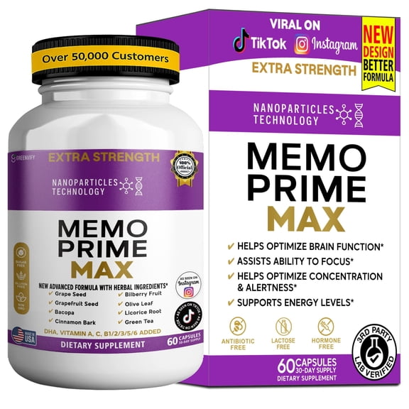 GreenVify Memo Prime Max Brain Support Supplement – Supports Memory & Focus