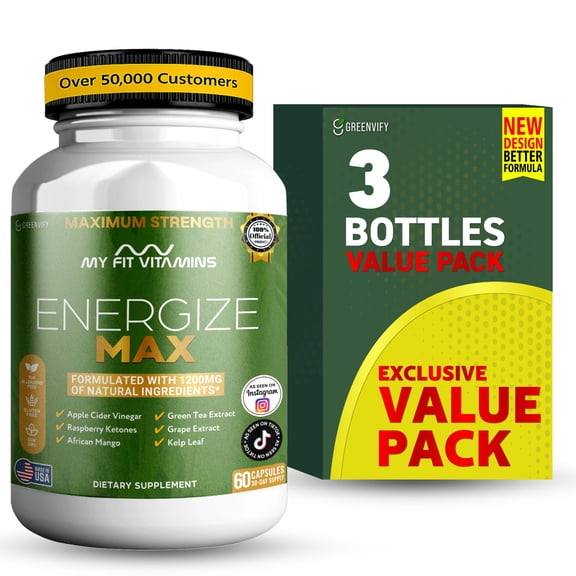 GreenVify My Fit Vitamins Energize Max Dietary Supplement Capsules Daily Vitamin Supplement for Adults Easy-to-Swallow Capsules