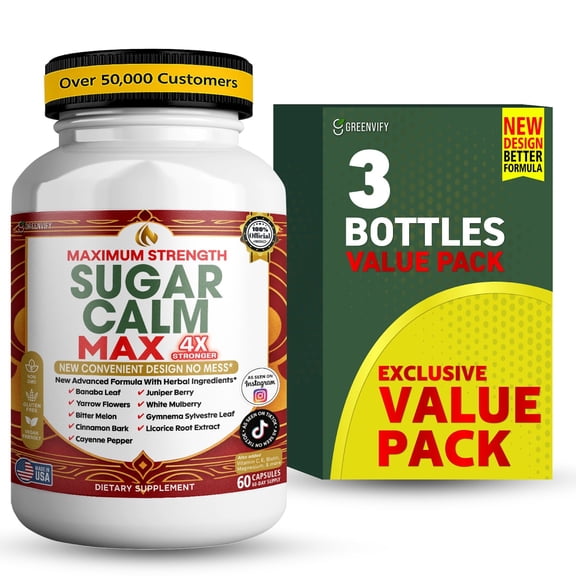 GreenVify SugarCalm Max Glucose Metabolism Support Supplement with Chromium, Cinnamon & Bitter Melon, 60 Capsules (3 Pack)