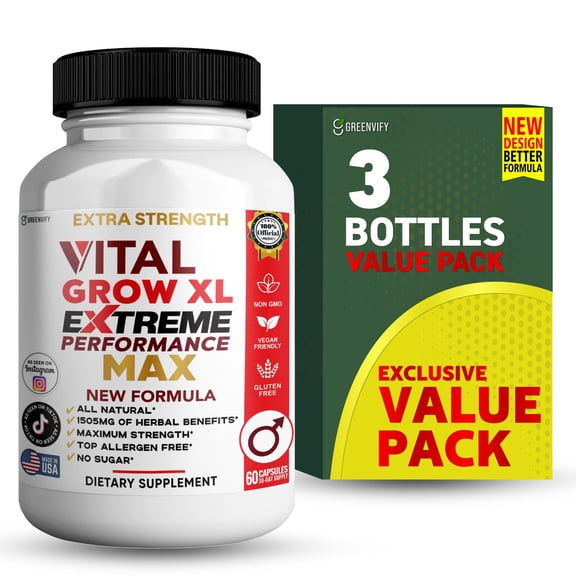 GreenVify Vital Grow XL Extreme Performance Max Dietary Supplement Capsules Mens Vitality & Wellness Support