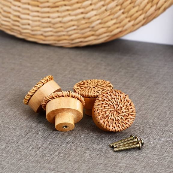 Greenadscape 4Pcs Boho Knobs Light Brown Rattan Dresser Drawer Furniture Handles 1.6in Diameter