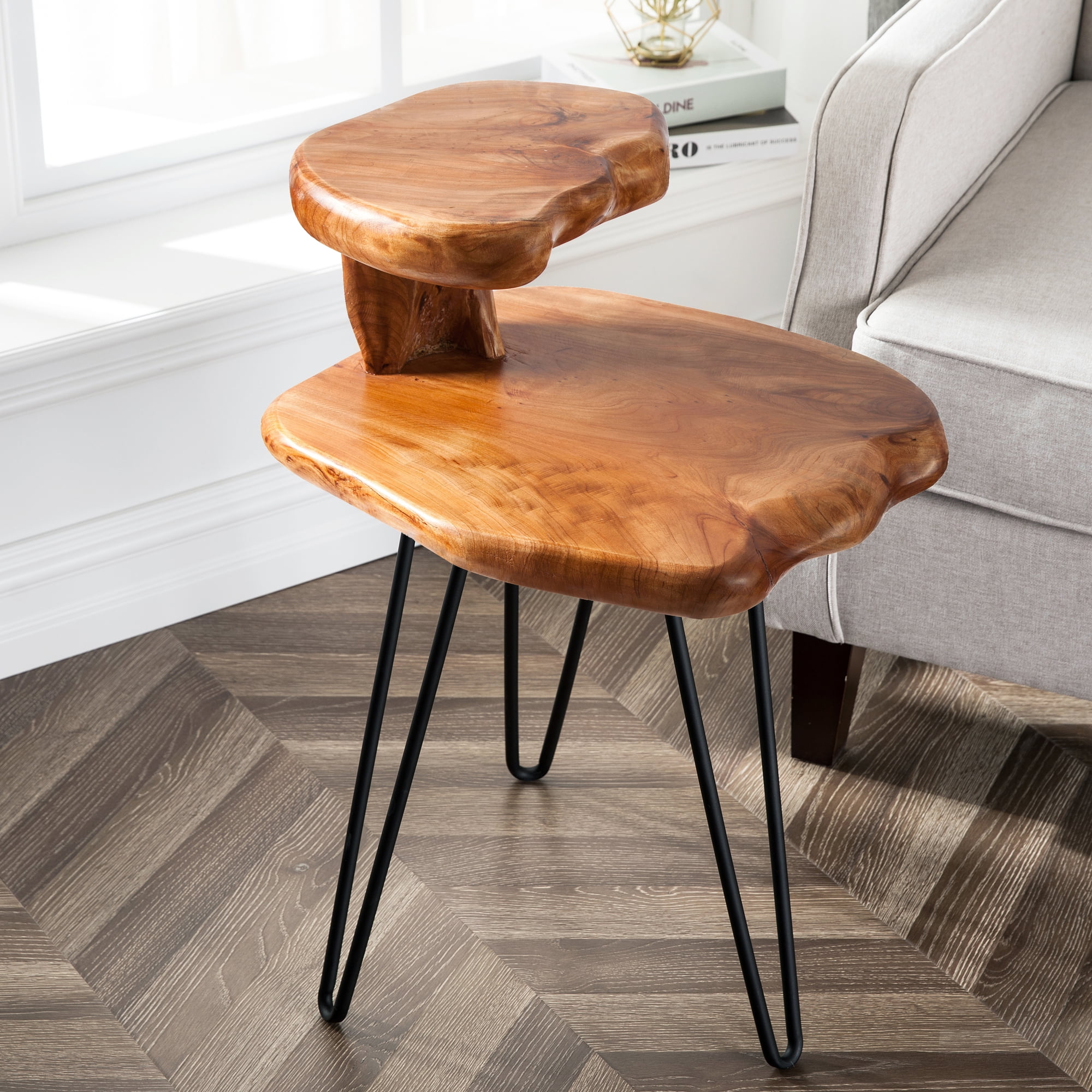 Greenage Natural Cedar Wood Dual-Tier End Table with Black Metal Legs