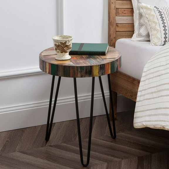 Greenage Reclaimed Wood End Table, 15.5" x 15.5" x 21" Heigh, Gusset Round