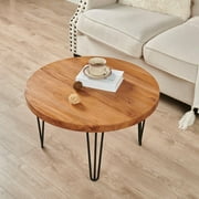 Greenage Rustic Round Elm Wood Coffee Table with Metal Legs, 27.6"x27.6"x15.5"H