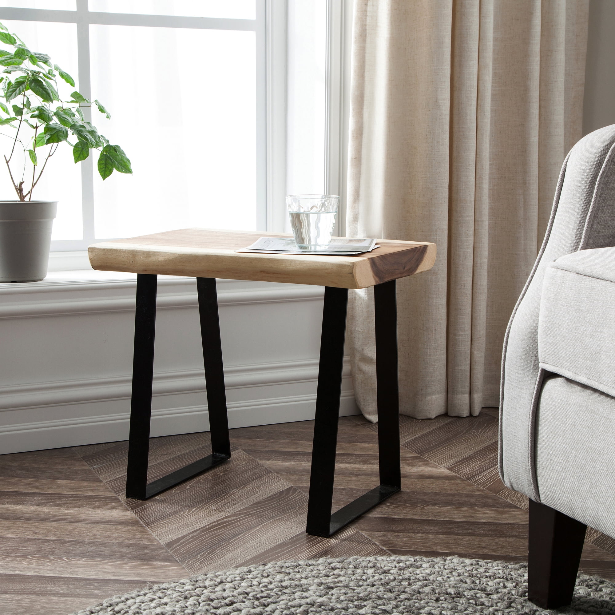 Greenage Table Suar Wood Solid Small Bench with Flat Iron Table