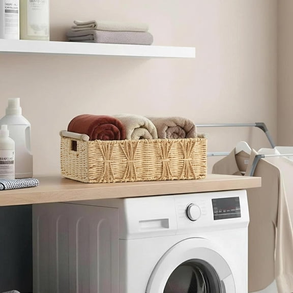 Greenatural Paper Rope Storage Baskets, 15.5x12x6 inch Handwoven Rectangular Organizer Trays with Wooden Handles, Decorative Wicker Bins for Shelf, Bathroom, Kitchen or Office