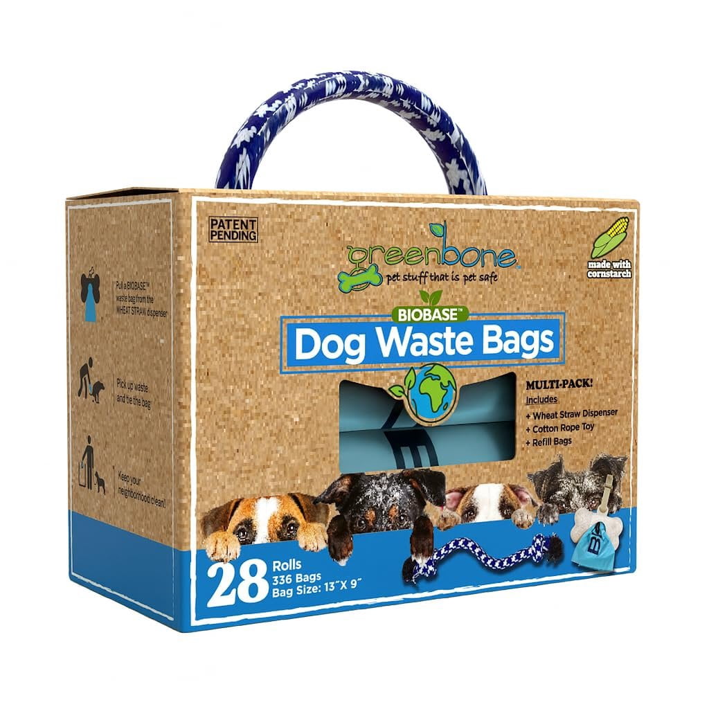 Greenbone Dog Gift set Blue Dog Poop Bag Refills for Dispenser:  includes Dispenser and Rope Toy Handle - 28 Rolls - 336 Bags