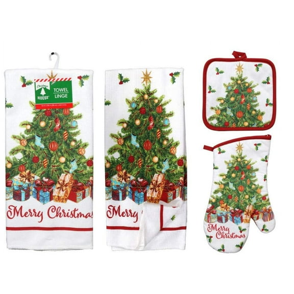 Greenbrier 5-Piece Christmas Tree with Gold Accents Merry Christmas Kitchen Linen Sets