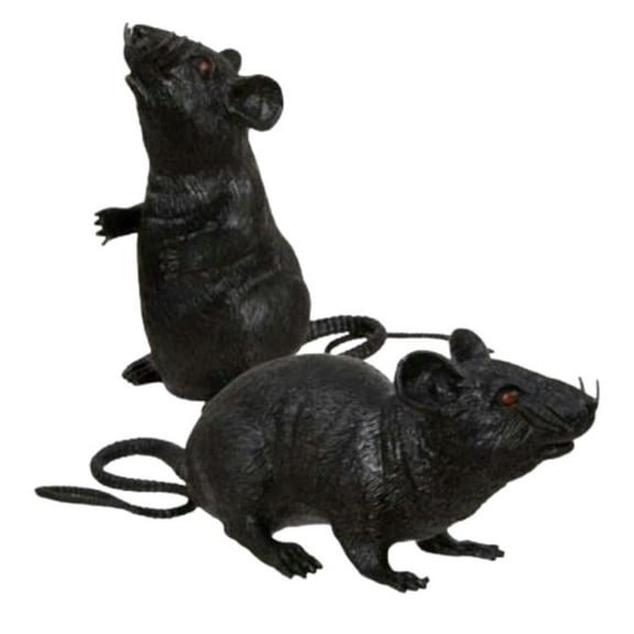 Halloween Black Rat Set of 2 Plastic Squeezable Squeaking Rats Toys Spooky Scary Creepy Halloween Decoration