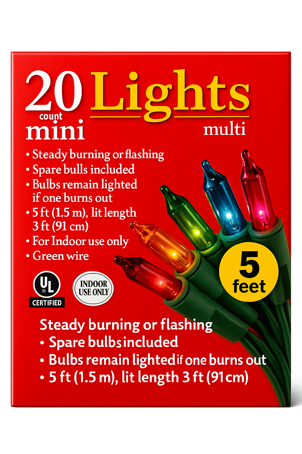 Greenbrier International 20-Count Mini Christmas Lights, Multi-Color Indoor String Light Set, 5 ft (1.5 m)