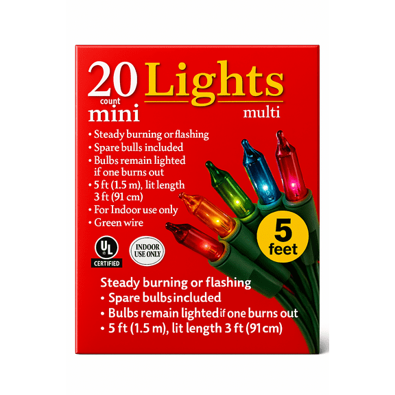 Greenbrier International 20-Count Mini Christmas Lights, Multi-Color Indoor String Light Set, 5 ft (1.5 m)