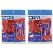 Greenbrier International Disposable Party Supply Sets with Spoons Knives Fork, Plastic Red