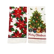 Greenbrier International, Inc. Set of 2 Merry Christmas Kitchen Towels Hand Towels Dish Towels Winter Towels - Includes 1 Glitter Christmas Tree Towel and 1 Poinsettia Plant Flower Towel1 C57