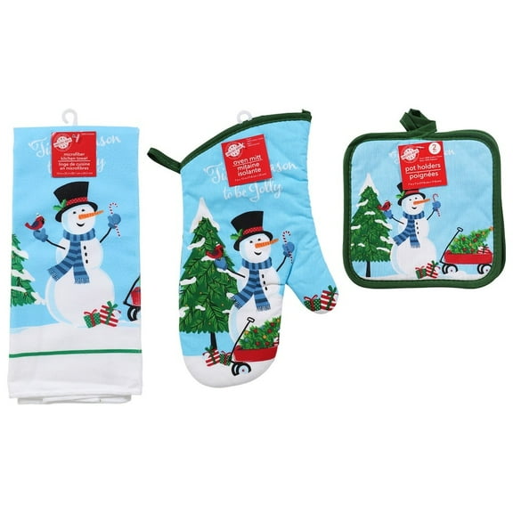 Snowman Printed Kitchen Linens (1) Oven Mitt (2) Pot Holders (2) Kitchen Towels