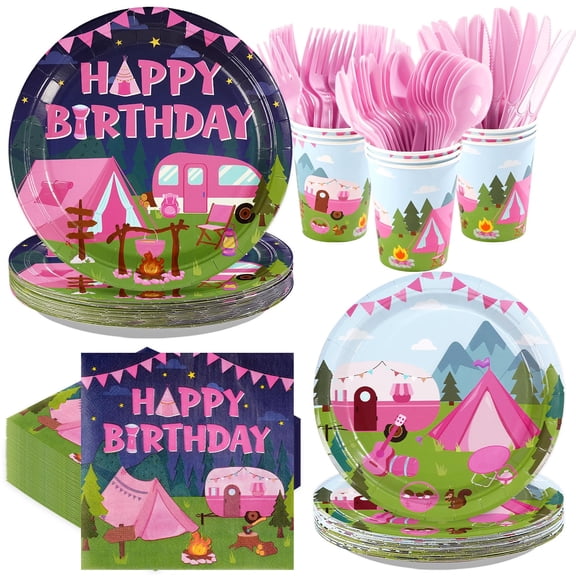 Greencian 168Pcs Camping Birthday Party Decorations Hot Pink Theme Plates Napkins Cups Forks Knives Spoons Campsite Campfire Tableware for Spring Summer Girls Camp Birthday Supplies Serves 24 Y101