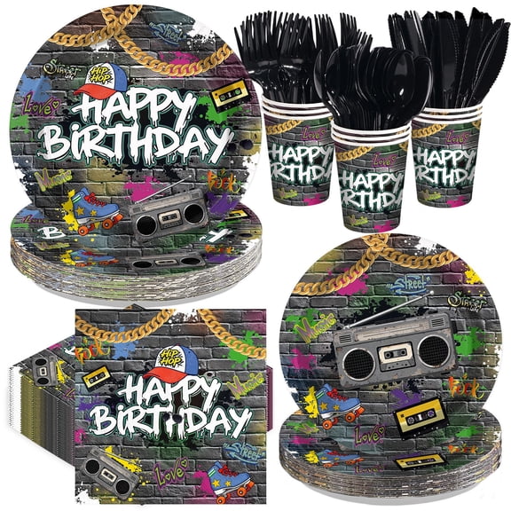 Greencian 168Pcs Hip Hop Birthday Party Supplies Hip Hop Graffiti Wall 80s 90s Plates and Napkins Retro Neon Tableware Set for Retro Music Theme Colorful Birthday Party Decorations Serves 24 A101