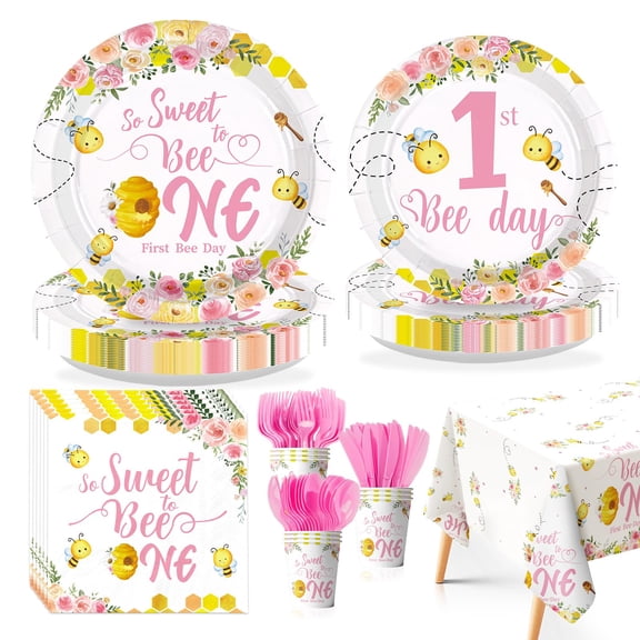 Greencian 170Pcs Pink Bee 1st Birthday Party Supplies Honey First Theme Plates and Napkins Tableware Sets So Sweet to Bee One Birthday Party Decorations for Girls One Year Old Party,Serves 24 Y114