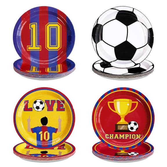 Greencian 60Pcs Soccer Theme Party Paper Plates 9" Duty Football Club Red And Blue Dessert Cake Paper Plates Disposable Soccer Champion Platters for Football Theme Birthday Party Decorations A101