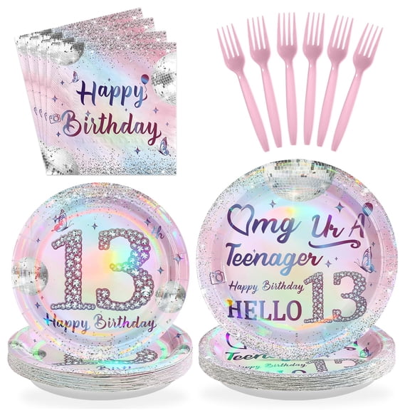 Greencian 96Pcs 13th Birthday Party Decorations for Girls Teenager Plates and Napkins Iridescence Silver Pink 13th Tableware for Teenager Girls Thirteen Birthday Party Decorations Serve 24 Y114