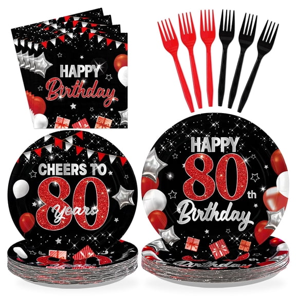 Greencian 96Pcs Black Red 80th Birthday Decorations - Black Red Plates Napkins Happy Birthday Party Disposable Tableware for 1945 Women Men Vintage 80th Birthdays Party Decorations Serves 24 Y114