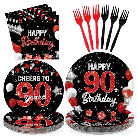 Greencian 96Pcs Black Red 90th Birthday Decorations - Black Red Plates Napkins Happy Birthday Party Disposable Tableware for 1935 Women Men Vintage 90th Birthdays Party Decorations Serves 24 Y114