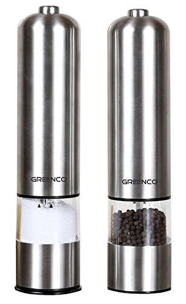 COCOBELA 2 Pack Electric Salt and Pepper Grinder Set Battery Operated Auto  Mill, Stainless Steel Automatic Shaker with Light,One Hand Automatic