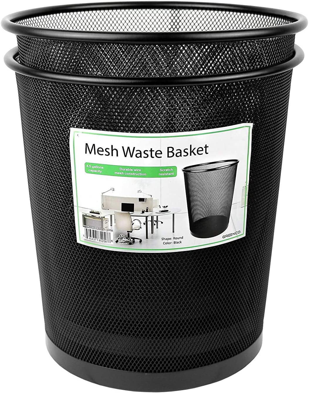 Greenco, Black Mesh Metal Trash Can Wastebaskets, Round, 4.5 Gallon, 2