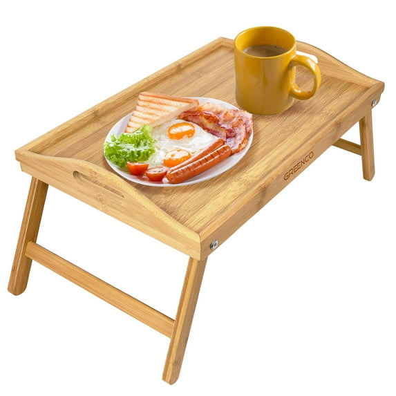 Greenco Foldable Bamboo Breakfast Table Serving Tray, Laptop Desk, Bed Table, Breakfast in Bed Tray, Bed Table Tray with leg