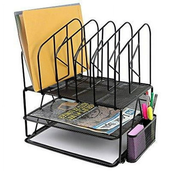 Greenco Mesh 2 Tier Desk File Organizer Shelves With 5 File Sorter Sections, Black