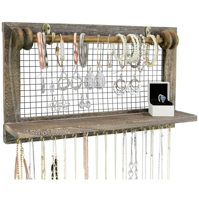 Greenco Rustic Wooden Wall Mount Jewelry Organizer with Removable Hanging Rod and Storage Shelf for Earrings, Bracelets, Necklaces and Accessories, Jewelry Holder, Bracelet Holder, Jewelry Display