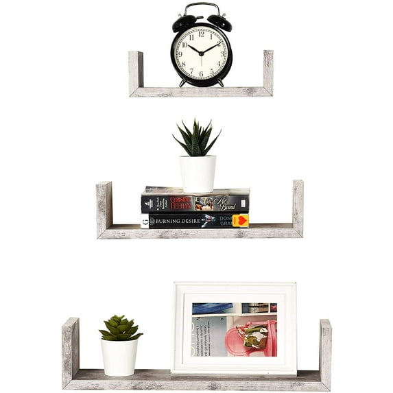 Greenco Set of 3 Floating U Shelves, Decorative, Rustic White Finish.