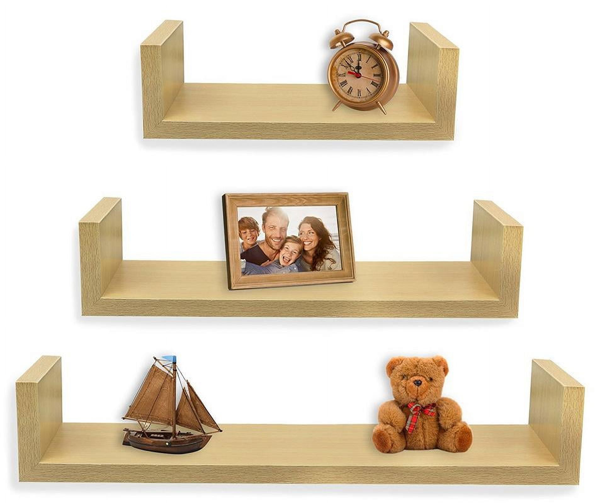 Greenco Set of 3 Floating U Shelves, Natural Finish Floating Storage