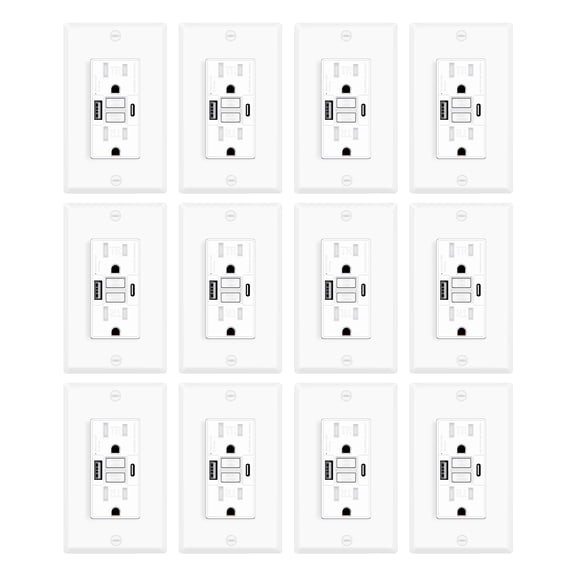 Greencycle 15 Amp GFCI Outlet with USB-C & USB-A,12PK Self Test GFCI Electrical Outlet Combination with USB,LED Indicator,Residential & Commercial Grade, Includes Wall Plate & Screws, White