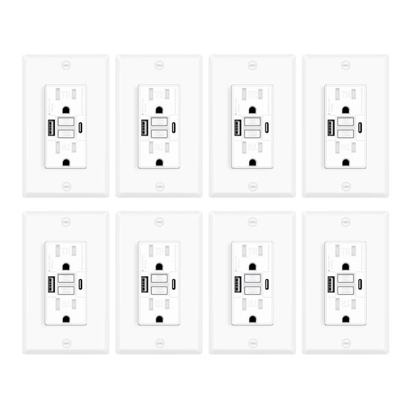 Greencycle 15 Amp GFCI Outlet with USB-C & USB-A,8PK Self Test GFCI Electrical Outlet Combination with USB,LED Indicator,Residential & Commercial Grade, Includes Wall Plate & Screws, White