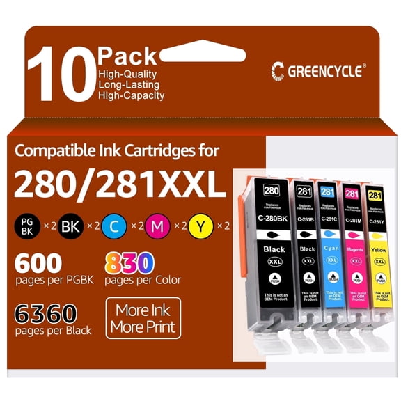 Greencycle 280XXL/281XXL Ink Cartridge Replacement for Canon 280 281 XXL PGI-280XXL CLI-281XXL Compatible for Canon PIXMA TR7520 TR8520 TS8220 Printer (10 Pack)