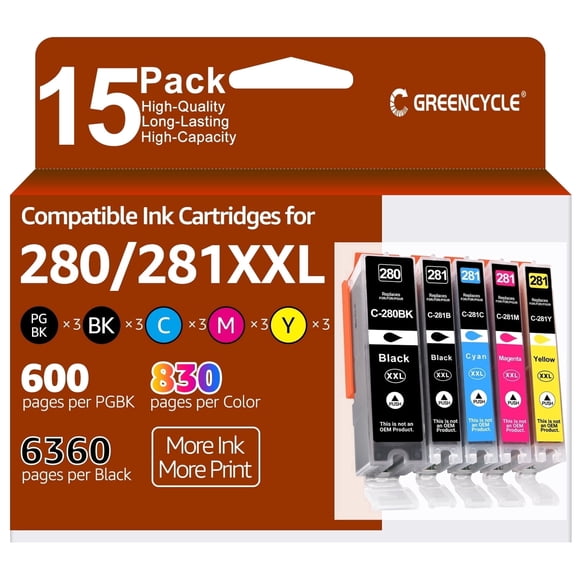 Greencycle 280XXL/281XXL Ink Cartridge Replacement for Canon 280 281 XXL PGI-280XXL CLI-281XXL Compatible for Canon PIXMA TR7520 TR8520 TS8220 Printer (15 Pack)