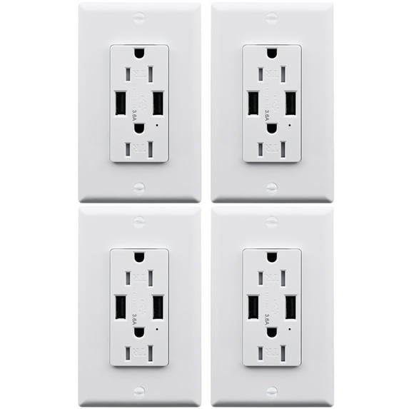 Greencycle 3.6A 2-Port USB Wall Outlet, 15 Amp Tamper Resistant Receptacles with Dual USB Type A Charging Ports, 15A/125V/1875W, UL Listed 4 Pack White