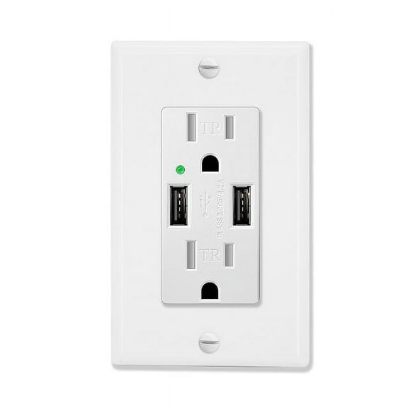 Greencycle 4.2A USB Receptacle Outlet with Dual USB Charging Ports and 2 Tamper-Resistant AC Sockets (15A/125V/1875W), Wall Plate Included, UL listed, 1-Pack, White