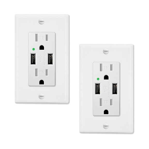 Greencycle 4.2A USB Receptacle Outlet with Dual USB Charging Ports and 2 Tamper-Resistant AC Sockets (15A/125V/1875W), Wall Plate Included, UL listed, 2-Pack, White