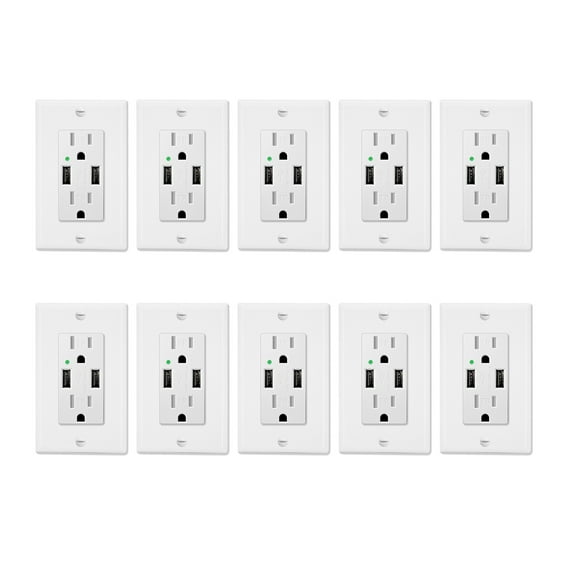 Greencycle 4.2A USB Receptacle Outlet with Dual USB Charging Ports and 2 Tamper-Resistant AC Sockets (15A/125V/1875W), Wall Plate Included, UL listed, 10-Pack, White