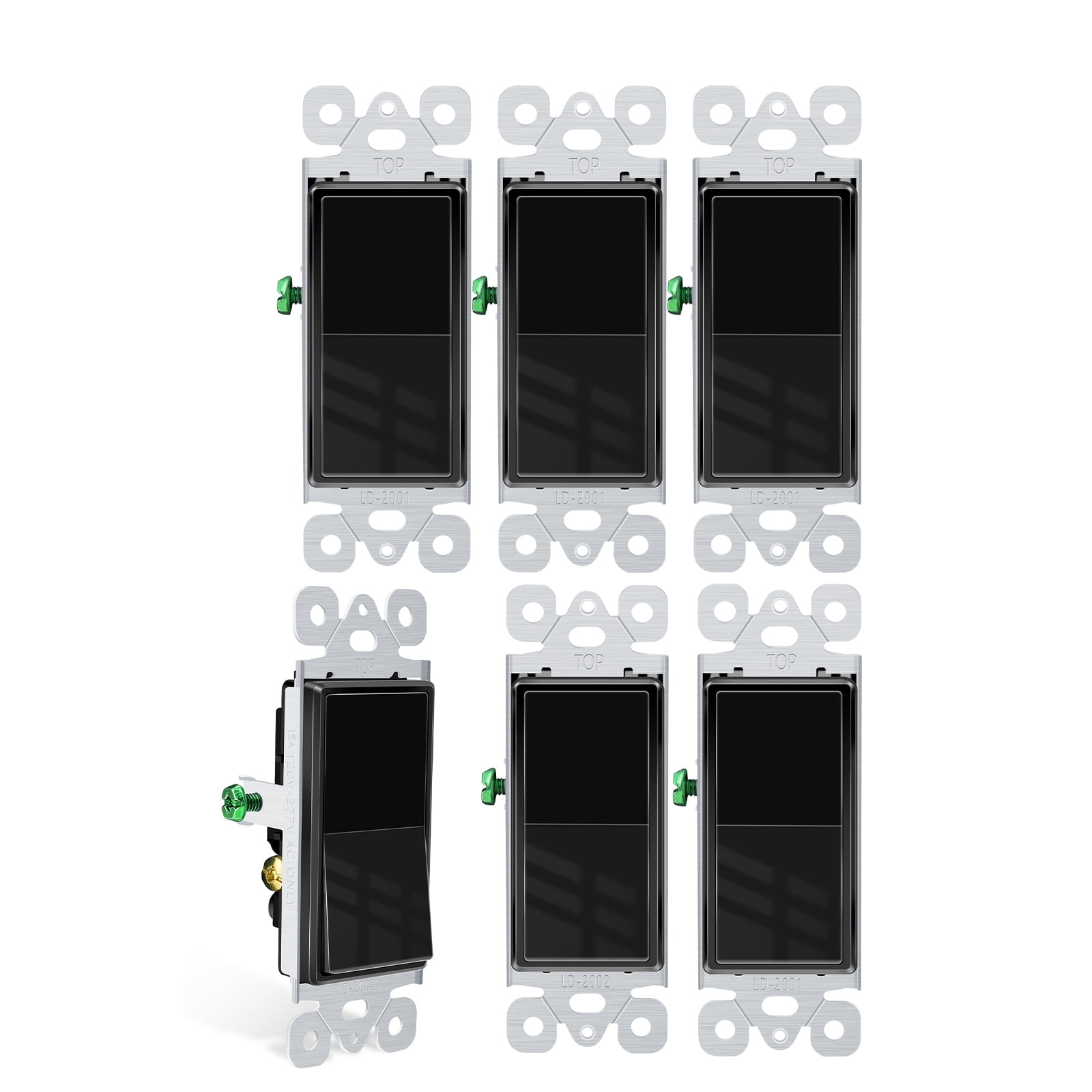 Greencycle Black 3 Way Light Switch, 6PK Three Way & Single Pole Switches, 15A 120-277V Black Rocker Paddle Wall Switch, On Off Switches for Residential & Commercial, Self-Grounding UL Listed