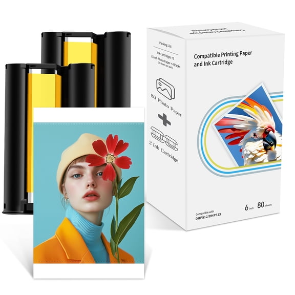 Greencycle Compatible for Liene Amber M100/M110/M200/M210 4" x 6" Photo Printer 80 Sheets Photo Paper & 2 Ink Cartridges, for DHP512/DHP513/DHP514/DHP515 Refill