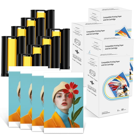Greencycle Compatible for M100/M110/M200/M210 4" x 6" Photo Printer 320 Sheets Photo Paper & 8 Ink Cartridges, for DHP512/DHP513/DHP514/DHP515 Refill